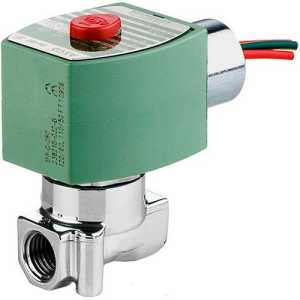 Compact solenoid valve with silver metal base and green coil topped with a red button and two wires