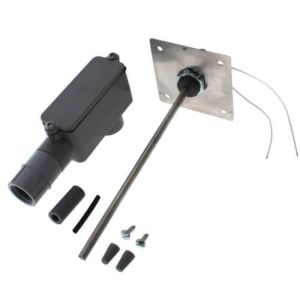 Temperature sensor kit including a grey electrical box, a long metal probe on square plate, wires and mounting hardware