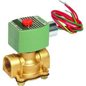 Brass valve with a green solenoid coil featuring a red button on top, and red, yellow, and green lead wires attached