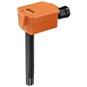 Orange rectangular sensor housing with long black probe and vented tip.