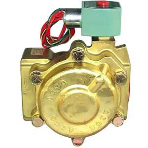 Brass solenoid valve with green coil and threaded ports