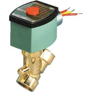 Angled brass low-pressure solenoid valve topped by a green solenoid coil with a red button and yellow and red wires