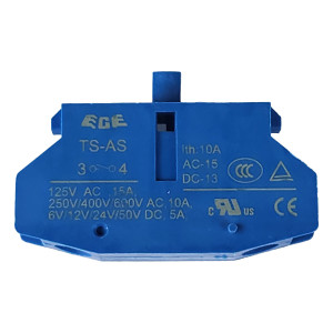 Blue auxiliary contact block with printed ratings and central slot.