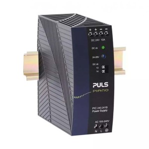 Dark blue Puls DIN‑rail power supply with fins, screw terminals and indicator LEDs.