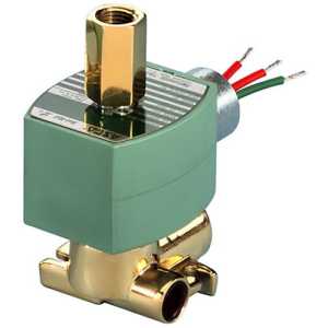 small brass solenoid valve with a green box‑shaped coil and multicolored leads