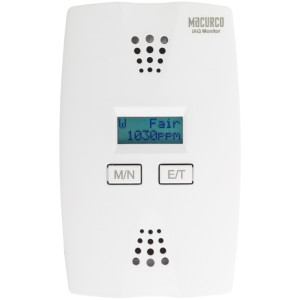 White air quality monitor with a small blue display showing CO₂ level and condition, two labeled control buttons and perforated vents at top and bottom.