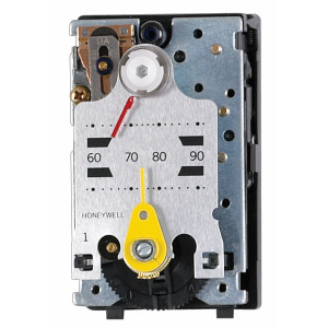 Exposed mechanical thermostat assembly with silver faceplate showing 60–90 degree scale, red pointer and yellow lever