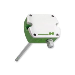 Rectangular sensor module with a long cylindrical probe and green-and-white housing secured by screws