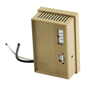 Beige rectangular thermostat with ribbed front, a small window showing a temperature scale and black and white wires exiting