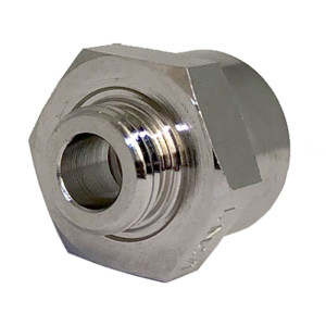 Shiny hexagonal metal fitting with internal threaded hole