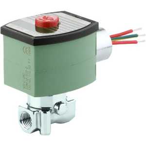 Shiny stainless steel solenoid valve with a green coil, red button and three colored wires
