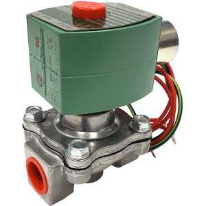 Small gas control valve with a green solenoid coil and multiple colored wires attached to an aluminum body with a red-capped inlet.