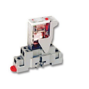 Clear plastic relay module mounted on grey base with red manual override lever