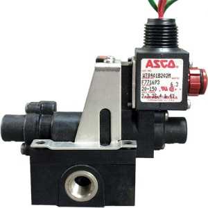 Black solenoid valve with a red-topped coil, metal mounting bracket and a wired connector