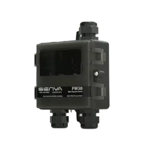 Black plastic PW30 pressure transmitter with clear front window and three cable glands.