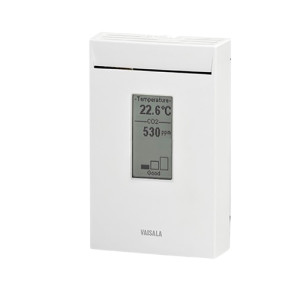 A white rectangular monitor labeled Vaisala with a narrow screen showing temperature of 22.6°C and carbon dioxide level of 530 ppm.