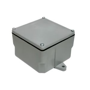 Grey polycarbonate junction box with round screw lid.