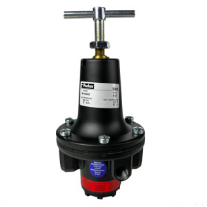 Black and silver air regulator with a square gauge, knob on top and threaded ports