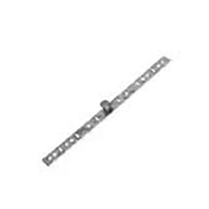 A slender metal strip with a series of holes running along its length and a small raised section at the middle, used as an adjustable mounting bracket.