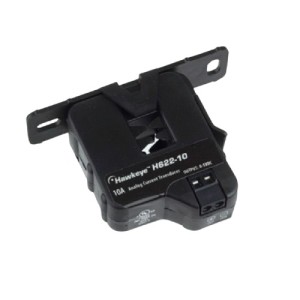 Black clamp-on current sensor labeled Hawkeye H622-10 with split core and screw terminal outputs.