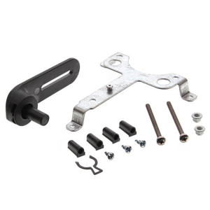 Set of assorted components including a cross-shaped metal bracket, a slotted black plastic lever, four spacers, multiple screws and a small retaining clip
