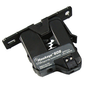 Black plastic current switch labelled Hawkeye 608; features a split‑core clamp and integral mounting flange.