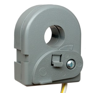 Grey circular current sensor with a hole in the centre and a hinged latch secured by a screw.