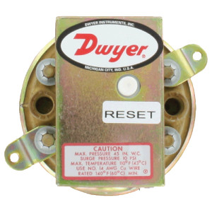 Round pressure switch with two mounting ears and a rectangular cover showing Dwyer logo and white reset button.