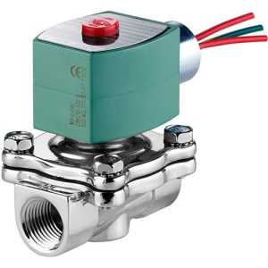 Shiny metal low-pressure solenoid valve featuring a green rectangular coil on top with a red button and red, green, blue lead wires