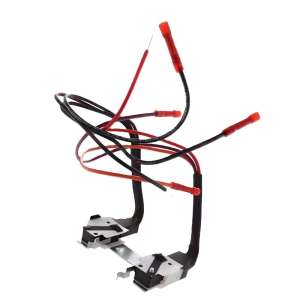 Two small metal mounting brackets connected by a tangle of black and red wires with red plastic terminal connectors on a white background.
