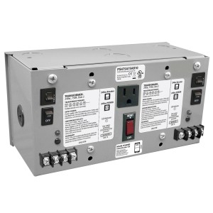 Grey power supply box with printed labels, switches, outlet and terminal strips.