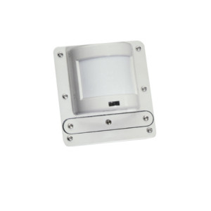 White rectangular device with rounded lens cover and two screw holes