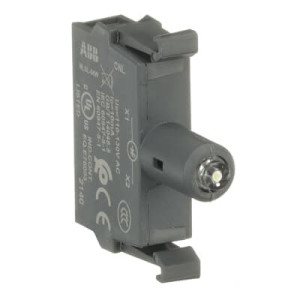 Grey ABB contact module with small white indicator light on front and mounting bracket at back