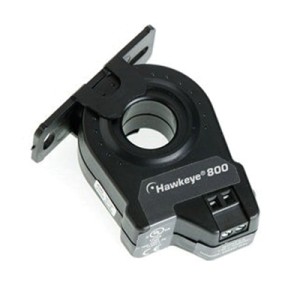 Black Hawkeye 800 current sensor with round opening for cable and mounting base.