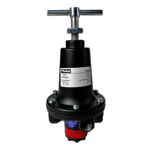 Black conical regulator topped by a steel T‑handle screw and red and blue fittings at the base