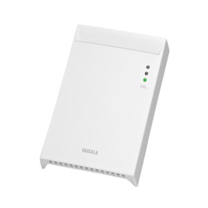 Slim white rectangular device with a slightly angled front face, tiny indicator lights on the right side and a row of small vents along the bottom edge.