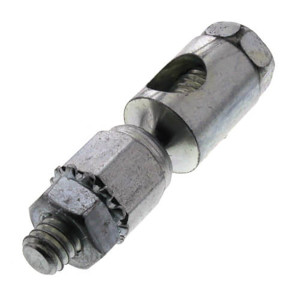 Small metal connector with a threaded stud on one end, hex section in the middle and slotted cylindrical section with a set screw