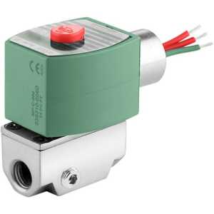Small rectangular stainless steel solenoid valve with a green actuator housing, red button and colored wires