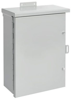 Large grey metal box with a slightly sloped top, a door with a handle and two screw latches, and a bracket at the top for mounting