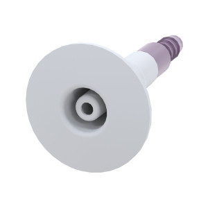 Small silver metal disc with porous face and threaded barbed tube