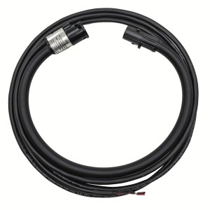 Long black cable formed into a loop with a cylindrical connector on one end and two stripped lead wires on the other, representing a flexible Rogowski current measuring coil.