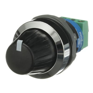 Black rotary knob with grooved grip, silver trim ring, and attached green/blue contact block