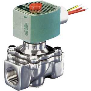 Compact stainless steel valve with a blocky green solenoid on top, red button, and small colored wires protruding from the side.