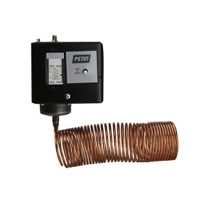 Black thermostat box labelled Penn with adjustable dial; attached to a coiled copper capillary tube.