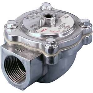 A robust round stainless steel solenoid valve with four bolts on the lid and a large threaded side port for industrial dust collection
