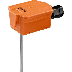 Orange plastic box with hinged lid and long metal rod hanging beneath, plus black cable gland.